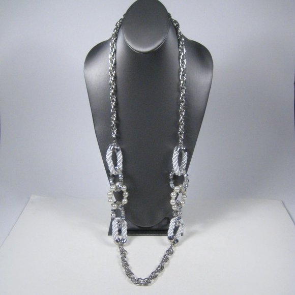 Imitation Pearl Beaded Necklace 45 inch Silvertone Heavy Chain Strand Statement - Picture 10 of 13